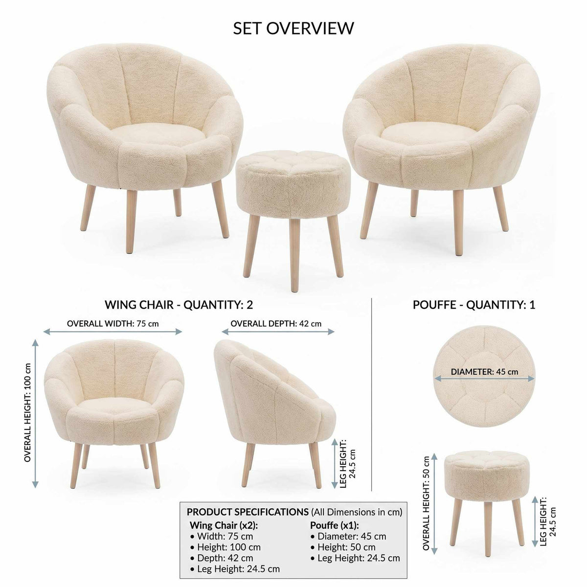 Zwei cremefarbene Ohrensessel mit Wellsoft-Bezug und Eschenholzbeinen sowie runder Pouf, 3-teiliges Set von Hanah Home.