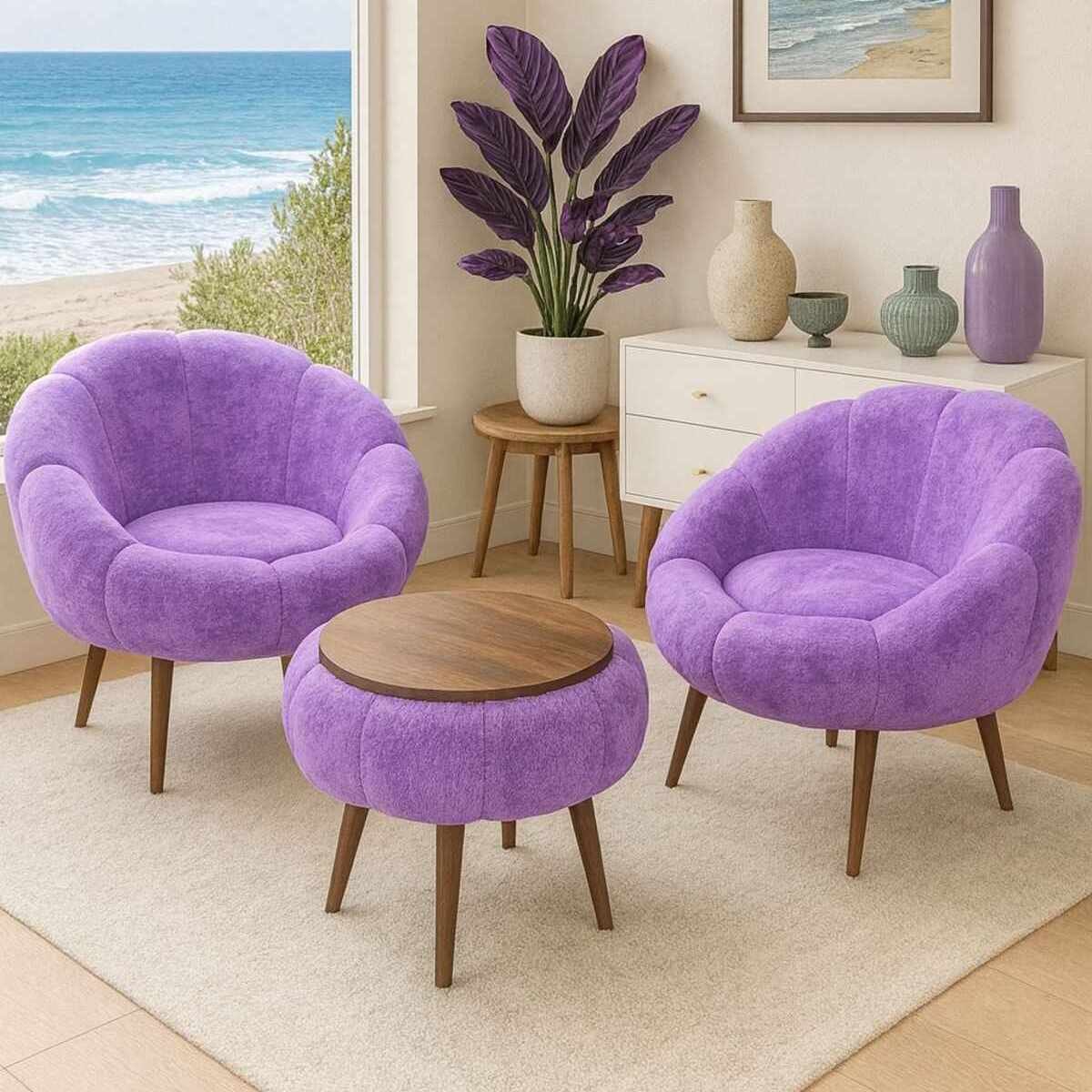 Zwei Ohrensessel mit fliederfarbenem Wellsoft-Bezug und Eschenholz-Beinen neben rundem Couchtisch aus melaminbeschichteter Spanplatte.