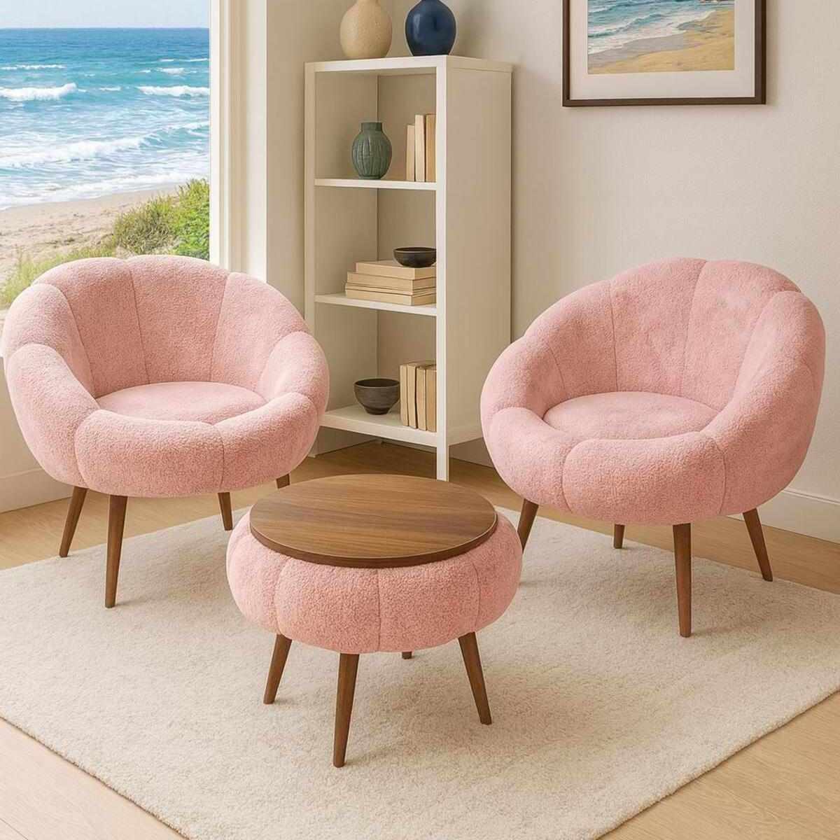 Zwei rosa Ohrensessel aus Wellsoft-Stoff mit Eschenholzbeinen und runder Couchtisch aus Spanplatte, dreiteiliges Set in Pink.
