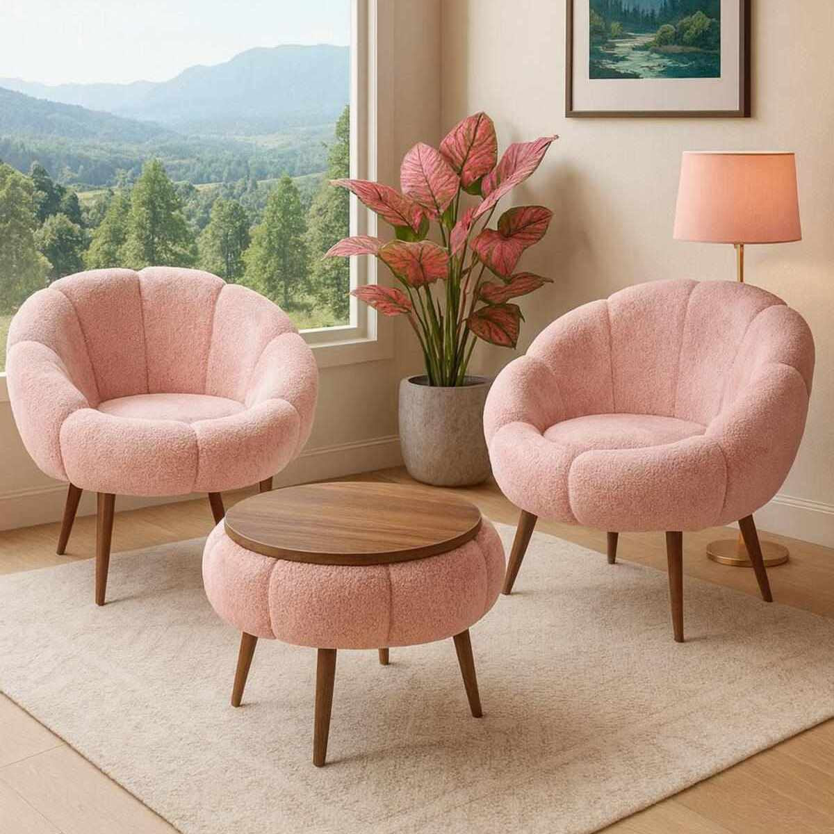Zwei rosa Ohrensessel aus Wellsoft-Stoff mit Eschenholzbeinen und runder Couchtisch aus Spanplatte, dreiteiliges Set in Pink.