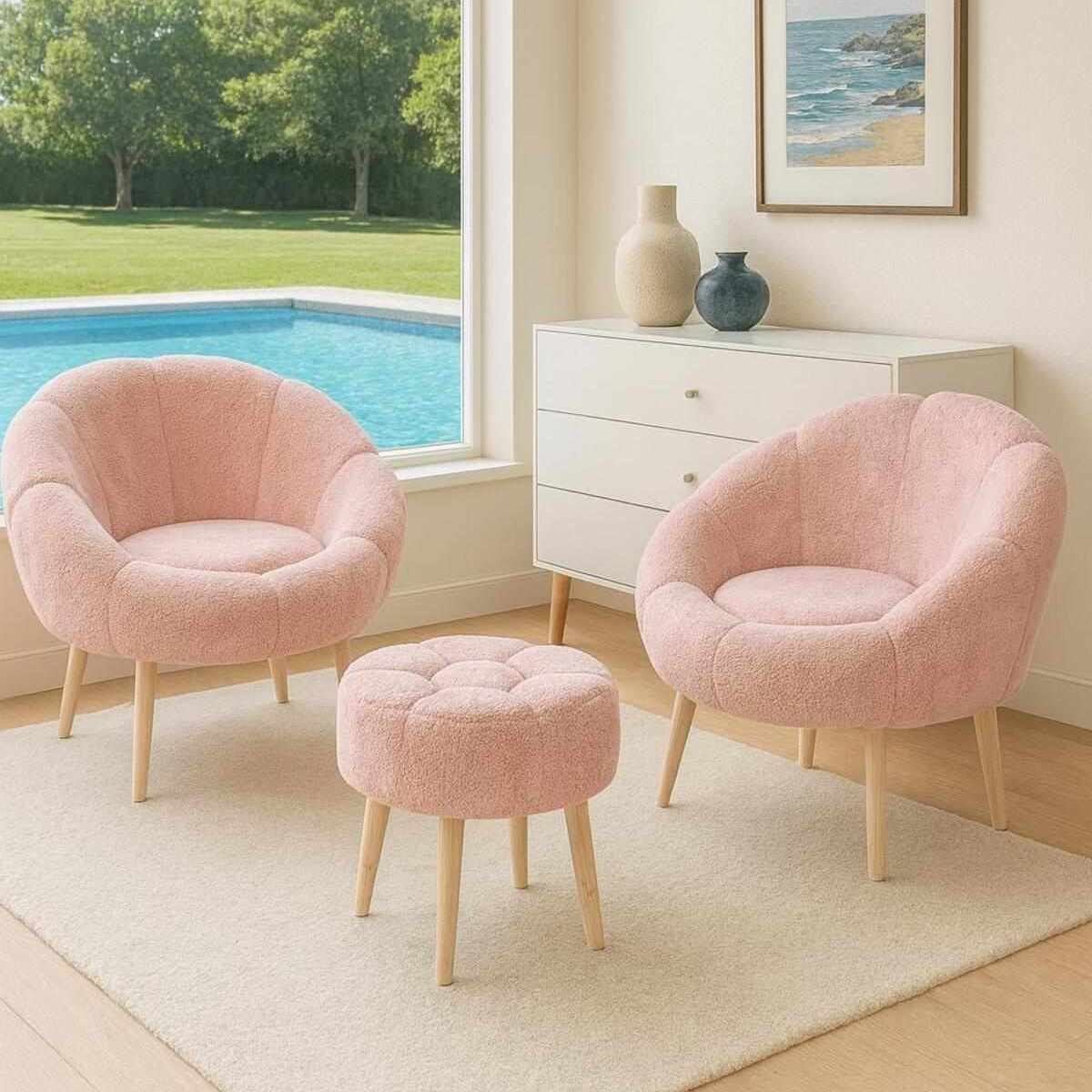 Rosa Ohrensessel-Set mit Pouf aus Wellsoft-Stoff, Eschenholzbeinen und gepolstertem Sitzkissen, dreiteiliges Wohnzimmer-Ensemble von Hanah Home.