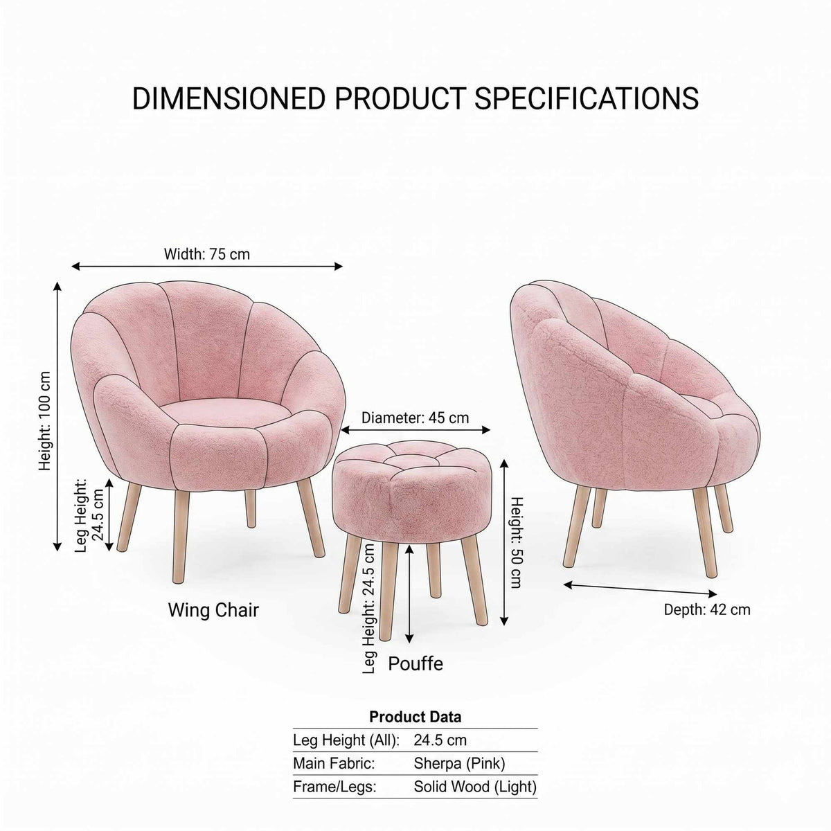 Rosa Ohrensessel-Set mit Pouf aus Wellsoft-Stoff, Eschenholzbeinen und gepolstertem Sitzkissen, dreiteiliges Wohnzimmer-Ensemble von Hanah Home.