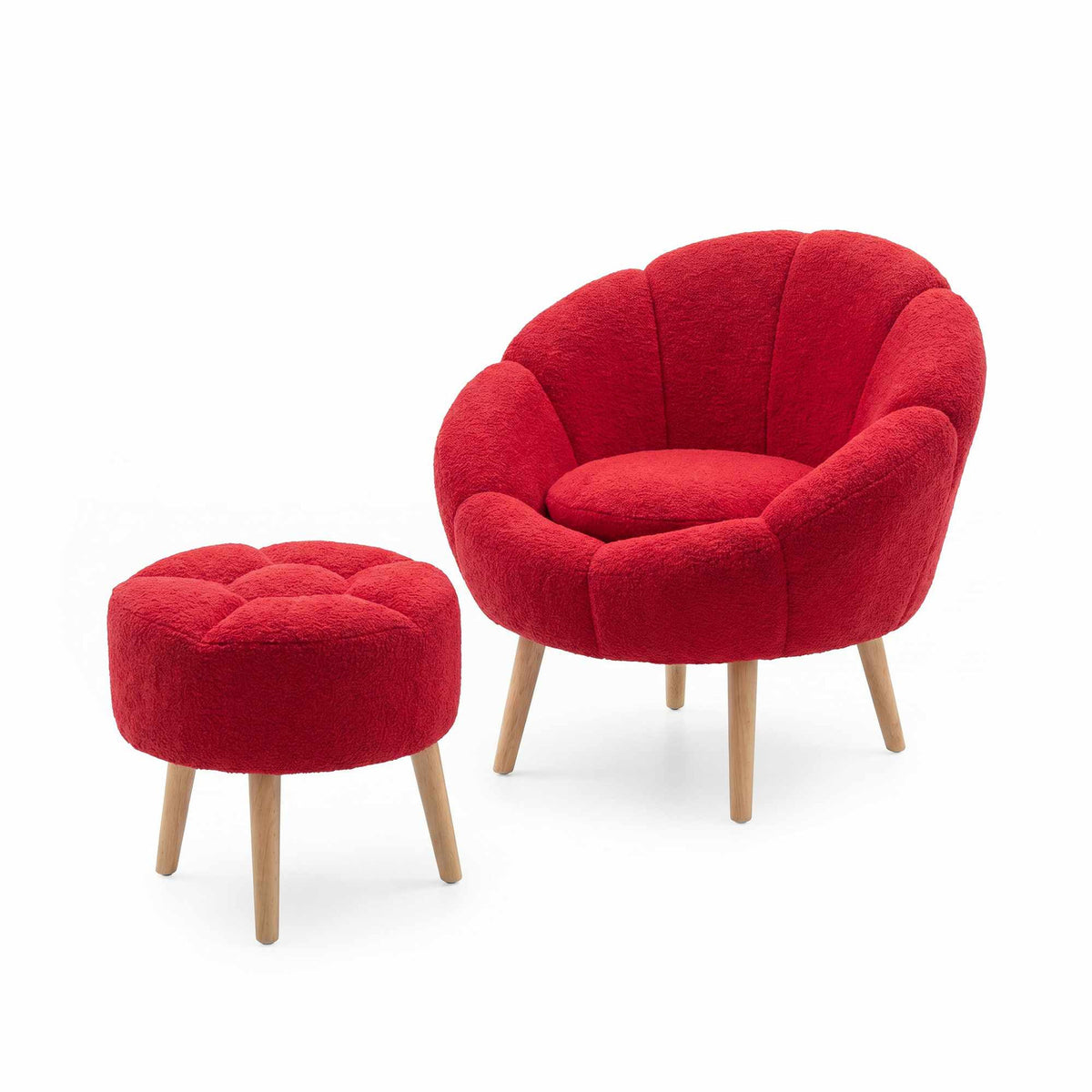 Fuchsiafarbener Ohrensessel mit Wellsoft-Stoffbezug und Eschenholzbeinen neben passendem rundem Pouf, zweiteiliges Set.