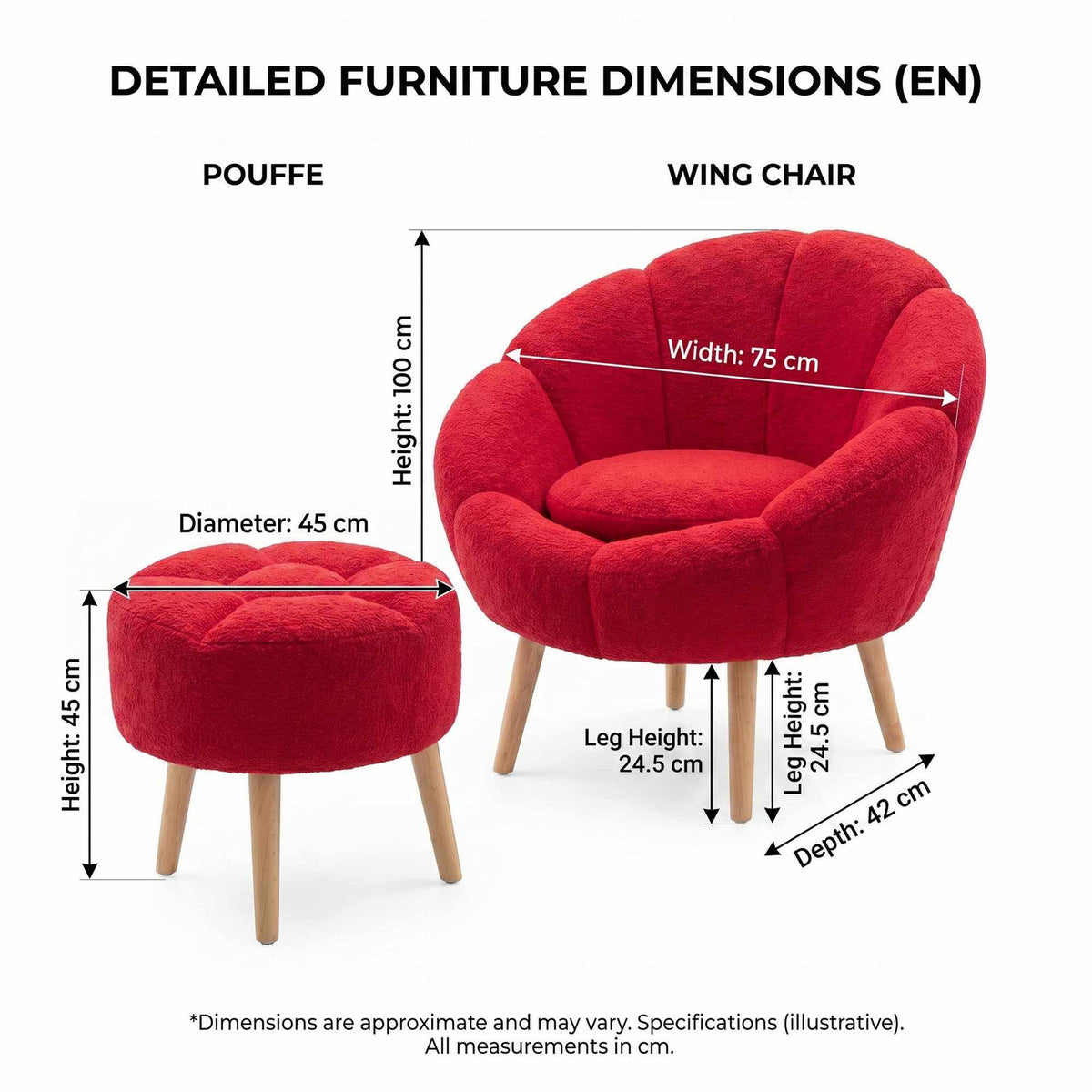 Fuchsiafarbener Ohrensessel mit Wellsoft-Stoffbezug und Eschenholzbeinen neben passendem rundem Pouf, zweiteiliges Set.
