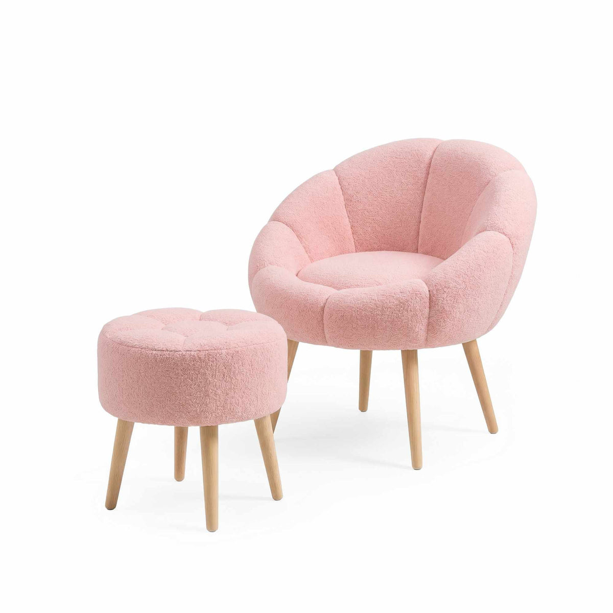 Rosa Ohrensessel mit Wellsoft-Stoffbezug und Eschenholzbeinen neben passendem runden Pouf, Sitzmöbel-Set aus zwei Teilen.