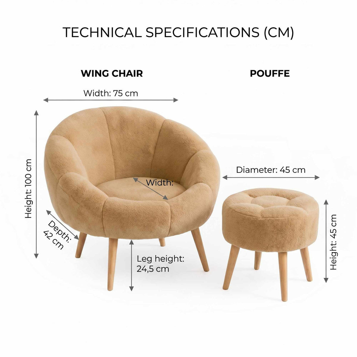 Braunes Ohrensessel-Set von Hanah Home mit passendem Pouf, Bezug aus Wellsoft-Stoff und Beinen aus Eschenholz.