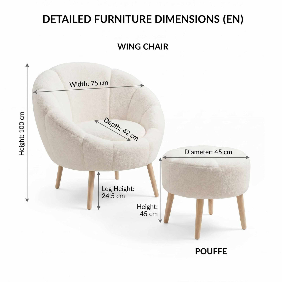 Weisser Ohrensessel mit passendem Pouf, Wellsoft-Stoffbezug, Eschenholzbeinen und gepolstertem Sitzkissen aus superweichem Schaumstoff