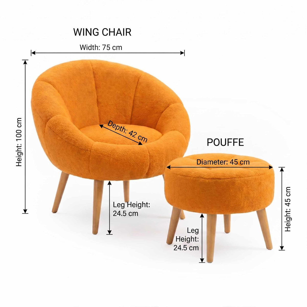 Orangefarbenes Ohrensessel-Set mit hoher Rückenlehne, geschwungenen Armlehnen und rundem Pouf, Bezug aus Wellsoft-Stoff, Beine aus Eschenholz.