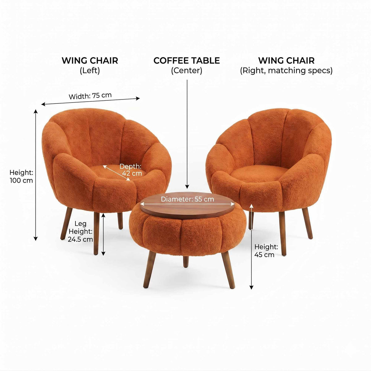 Zwei orange Ohrensessel aus Wellsoft-Stoff mit Eschenholzbeinen und runder Couchtisch aus melaminbeschichteter Spanplatte, Hanah Home Lida Set.