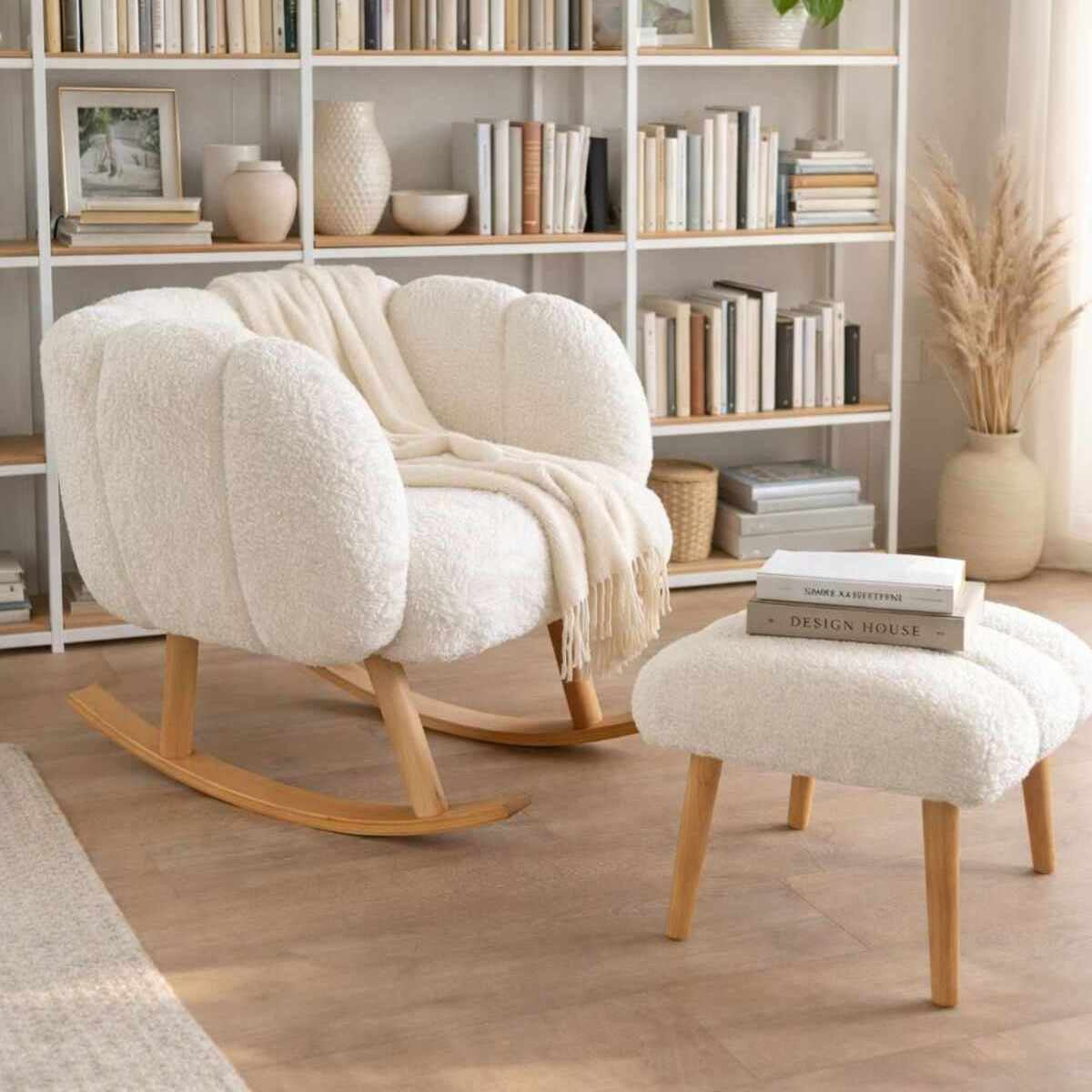 Weisser Ohrensessel mit Hocker aus Wellsoft-Stoff, Spanplatte und Eschenholz-Beinen, im klassischen Wing-Chair-Design von Hanah Home.