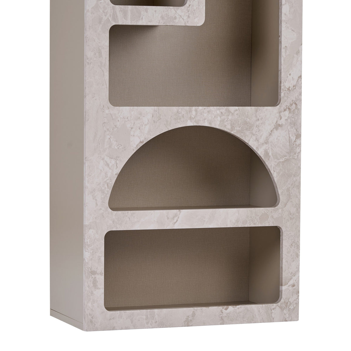 Aria Bücherregal von Nordure in Travertin-Marmor / Sandstein, melaminbeschichtete Spanplatte mit MDF-Türen, schmale Form mit mehreren Fächern.