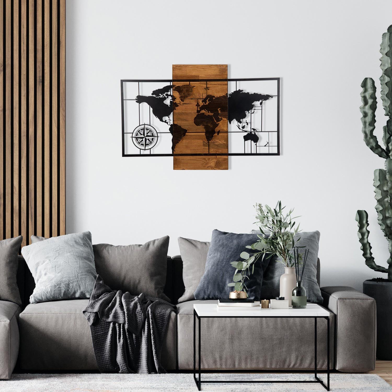 World Map Wıth Compass in Schwarznuss präsentiert im Onlineshop von KAQTU Design AG. Wanddeko ist von Wallity
