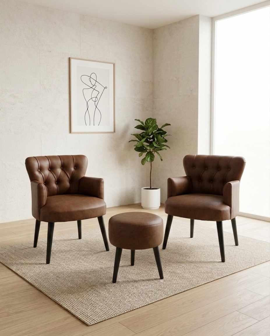Braunes Ohrensessel-Hocker-Set aus PU-Leder mit Hainbuchenholzbeinen, gepolsterter Sitzfläche und rundem Hocker, insgesamt drei Teile.
