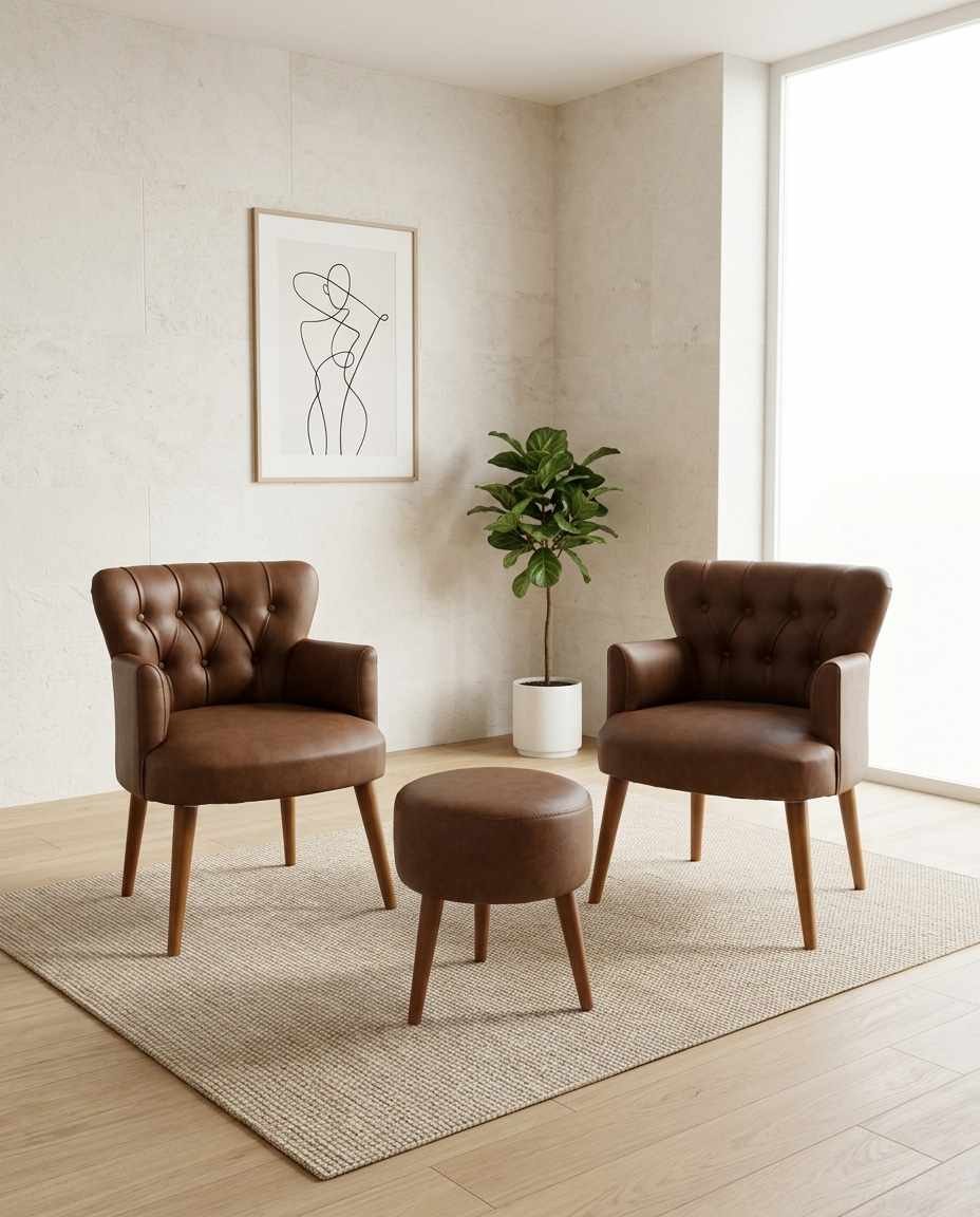 Braunes Ohrensessel-Set mit Hocker aus PU-Leder, Hainbuche-Beinen und gepolsterter Sitzfläche im klassischen Wing-Chair-Design von Hanah Home.