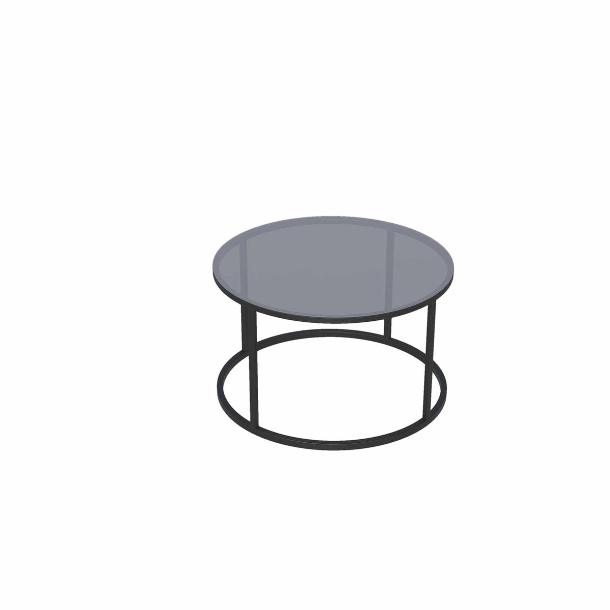 Runder Couchtisch mit schwarzem Eisengestell und runder Sicherheitsglasplatte, Durchmesser 75 cm, Höhe 45 cm, freistehend im Raum.