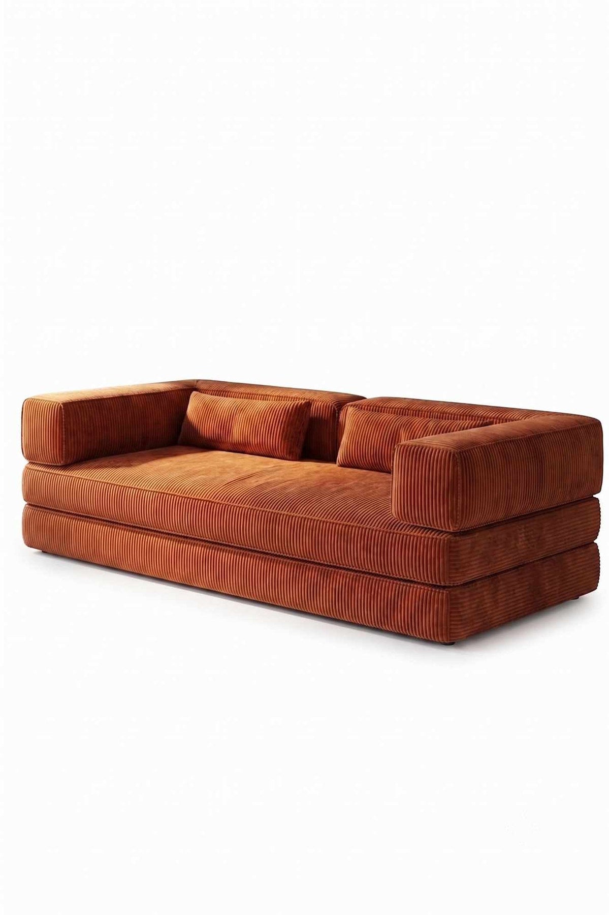 Ziegelrotes 3-Sitzer-Sofa von Hanah Home aus Polyester/Leinen-Stoff mit zwei Kissen, auf vier Eisen-Stützstreben stehend, seitliche Ansicht.