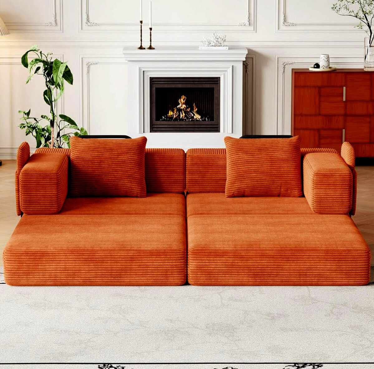 Ziegelrotes 3-Sitzer Schlafsofa aus Polyester-Leinen-Stoff mit Eisengestell, zwei Kissen und sichtbarer Sitz- sowie Liegefläche.