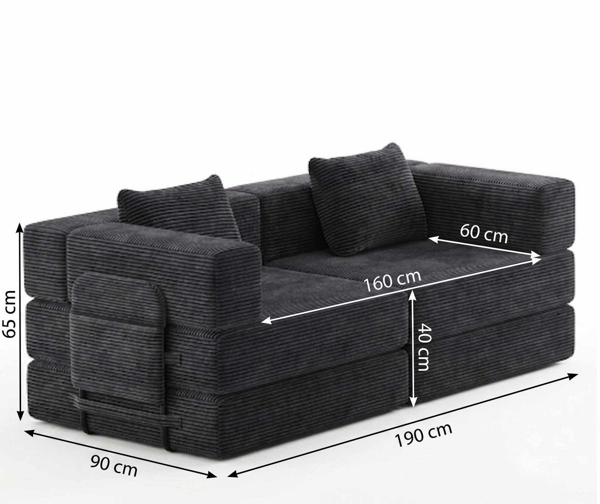 Schwarzes 3-Sitzer Schlafsofa aus Polyester-Leinen-Stoff mit zwei Kissen, schlichtes Design, ausgeklappt als Liegefläche sichtbar.