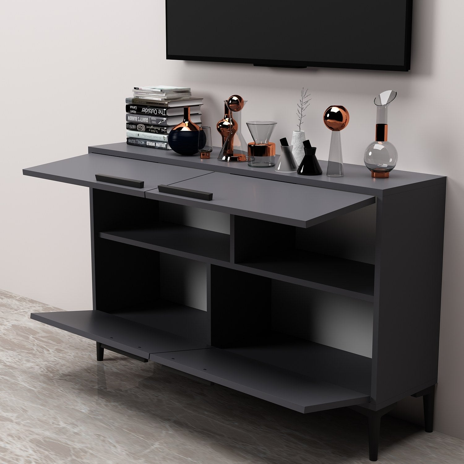 Gestalten Sie Ihr Zuhause mit dem eleganten CTN Sideboard in Anthrazit von Hanah Home. Perfekte Kombination aus Stil und Funktionalität für jedes Wohnzimmer.