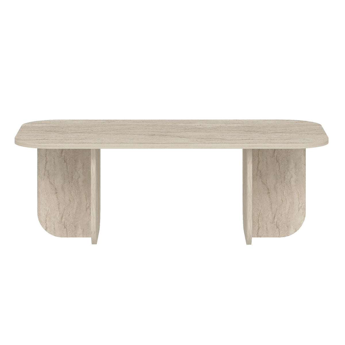 Rechteckiger Couchtisch Becaj von Hanah Home in Travertin-Farbe mit Marmor-Optik, Oberfläche aus melaminbeschichteter Spanplatte, Masse 120x60x41,4 cm.