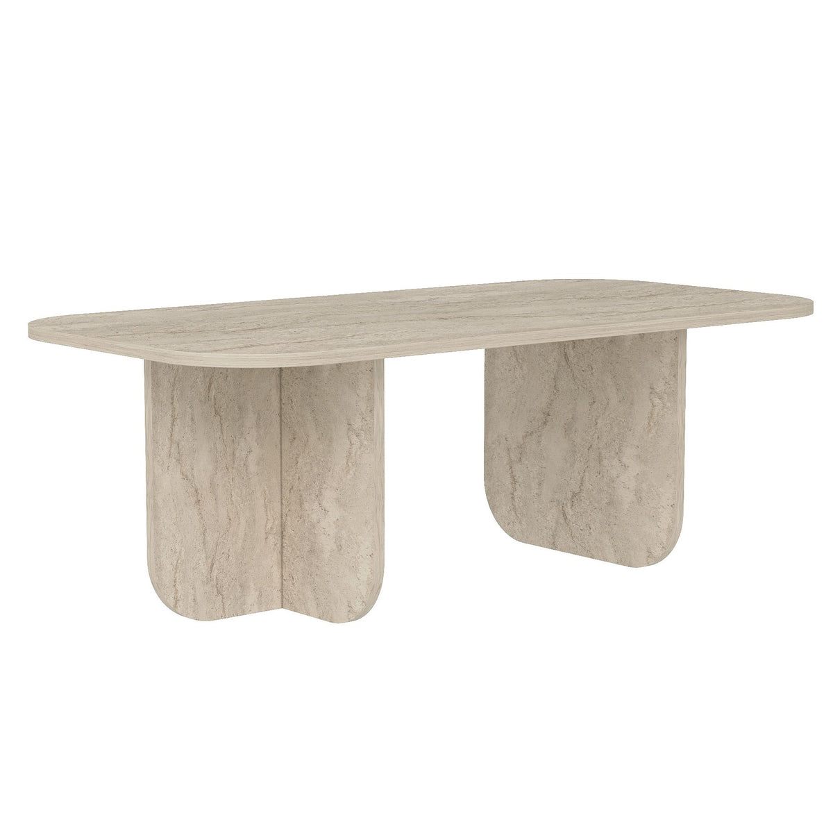 Rechteckiger Couchtisch Becaj von Hanah Home in Travertin-Farbe mit Marmor-Optik, Oberfläche aus melaminbeschichteter Spanplatte, Masse 120x60x41,4 cm.