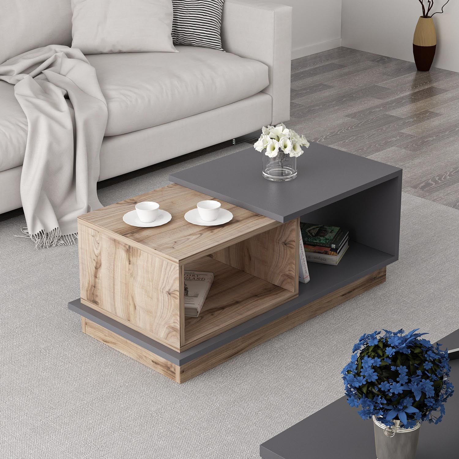 Entdecken Sie den Consept Sofatisch in Anthrazit Eiche von Hanah Home – ein stilvoller Tisch, der modernen Charme und praktischen Stauraum bietet.