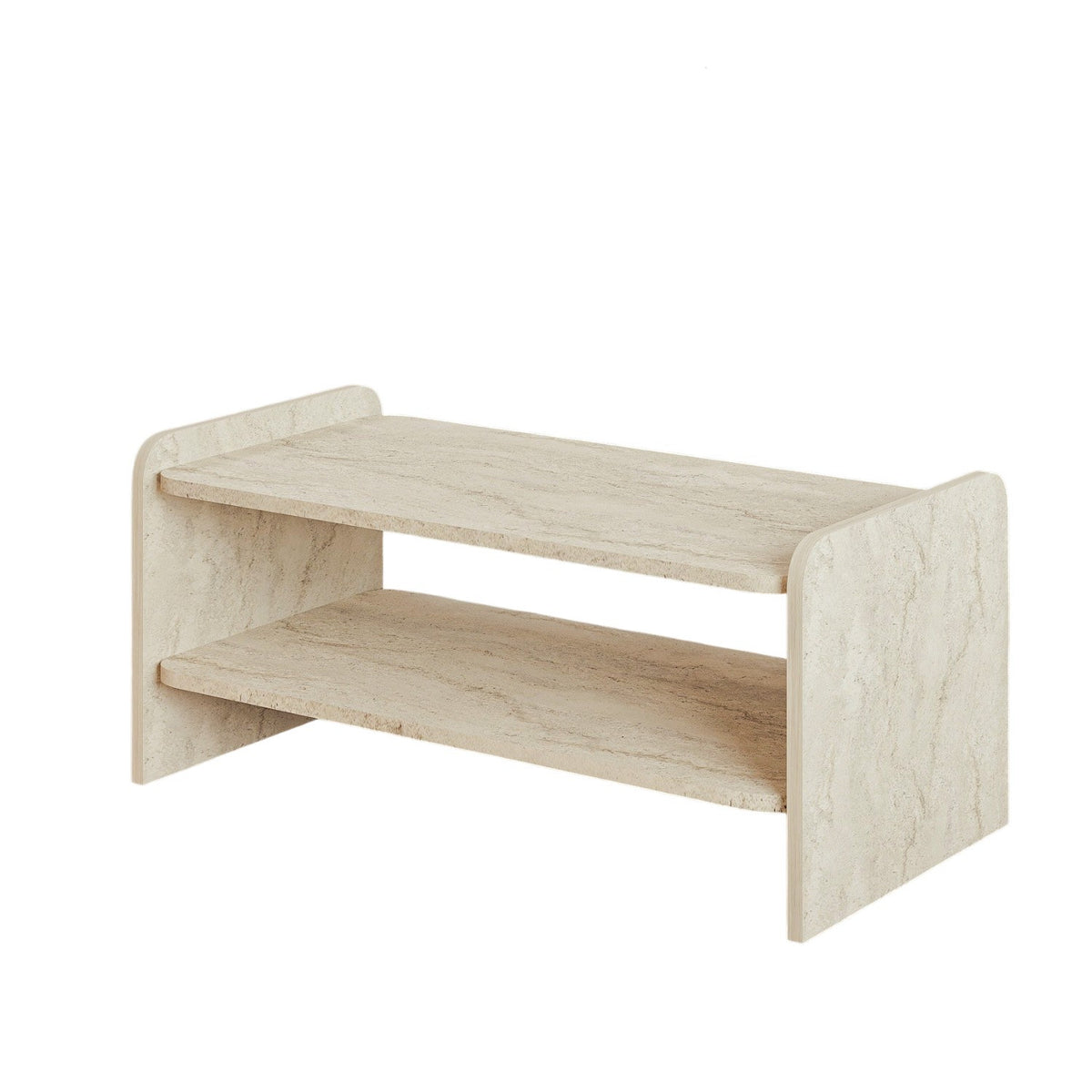 Couchtisch Amon in Travertin-Optik von Hanah Home, melaminbeschichtete Spanplatte, zwei offene Fächer, kurze Beine.