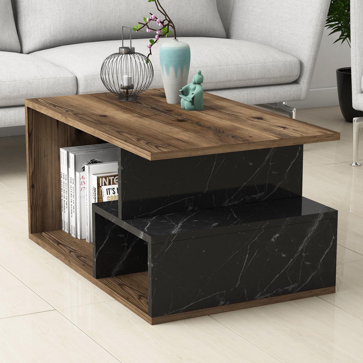 Arte 2040 in Dunkles Walnuss Holz Schwarz Marmor präsentiert im Onlineshop von KAQTU Design AG. Beistelltisch ist von Hanah Home