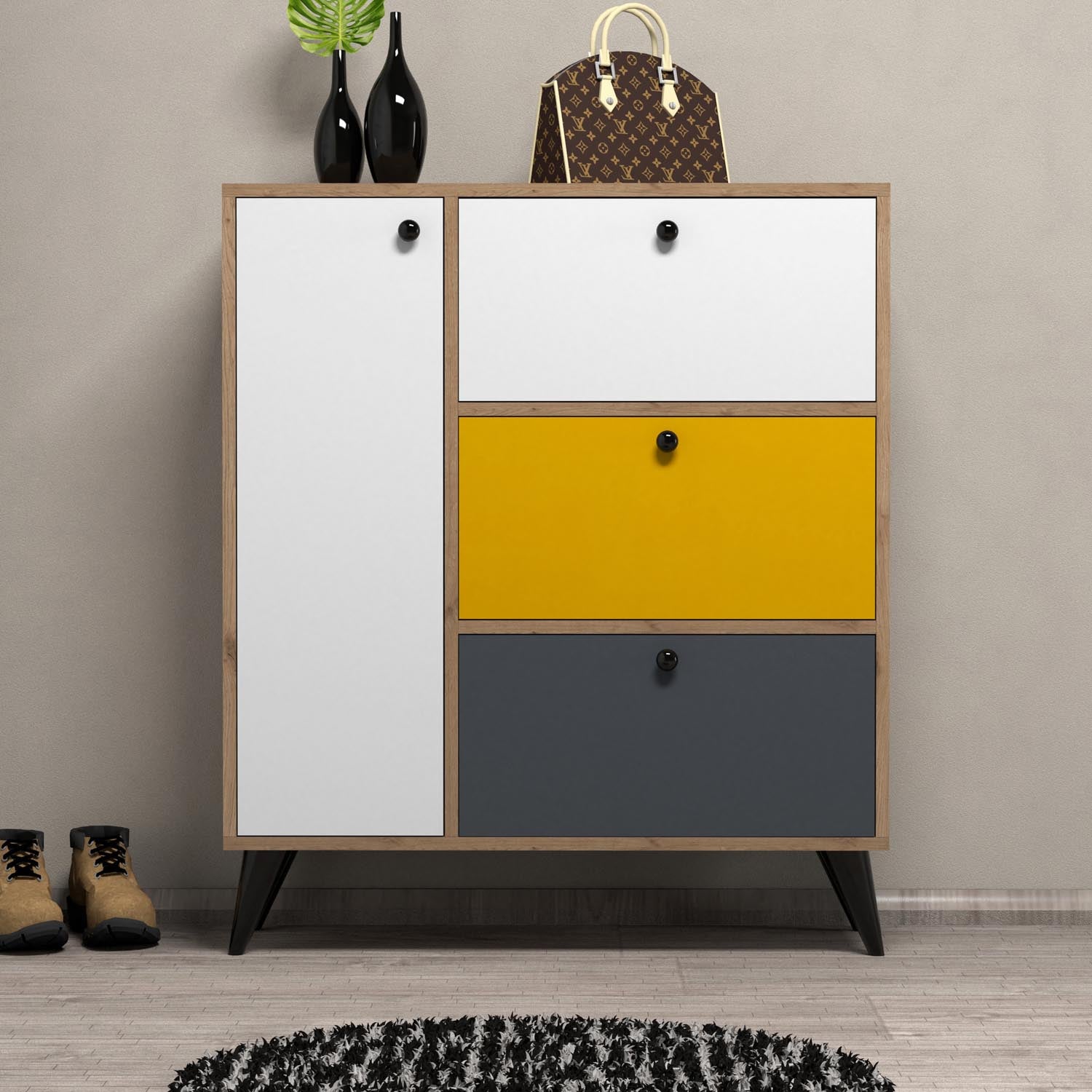 Bella 1804 in Eiche Weiss Gelb Anthrazit präsentiert im Onlineshop von KAQTU Design AG. Schuhschrank ist von Hanah Home