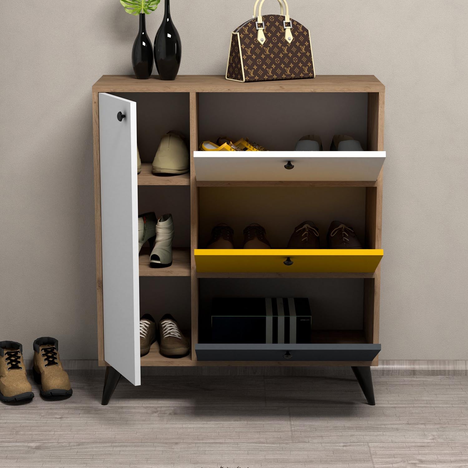 Bella 1804 in Eiche Weiss Gelb Anthrazit präsentiert im Onlineshop von KAQTU Design AG. Schuhschrank ist von Hanah Home