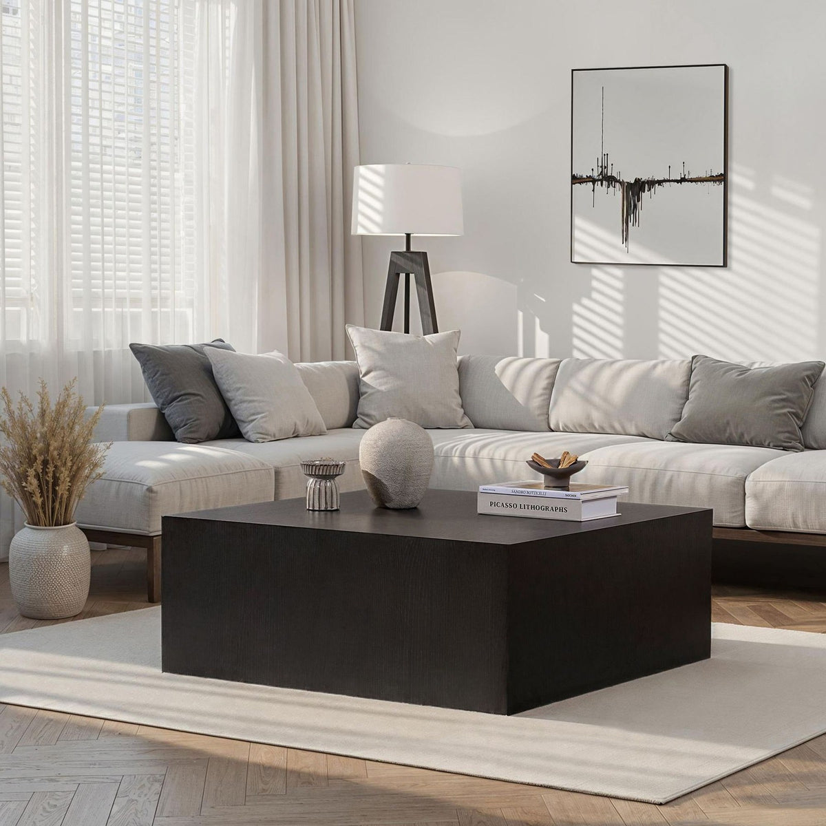 Quadratischer Couchtisch Prizma in Holz Schwarz aus 100% MDF, 18 mm dick, Masse 90x90x35 cm, skandinavisches Design von Nordure.