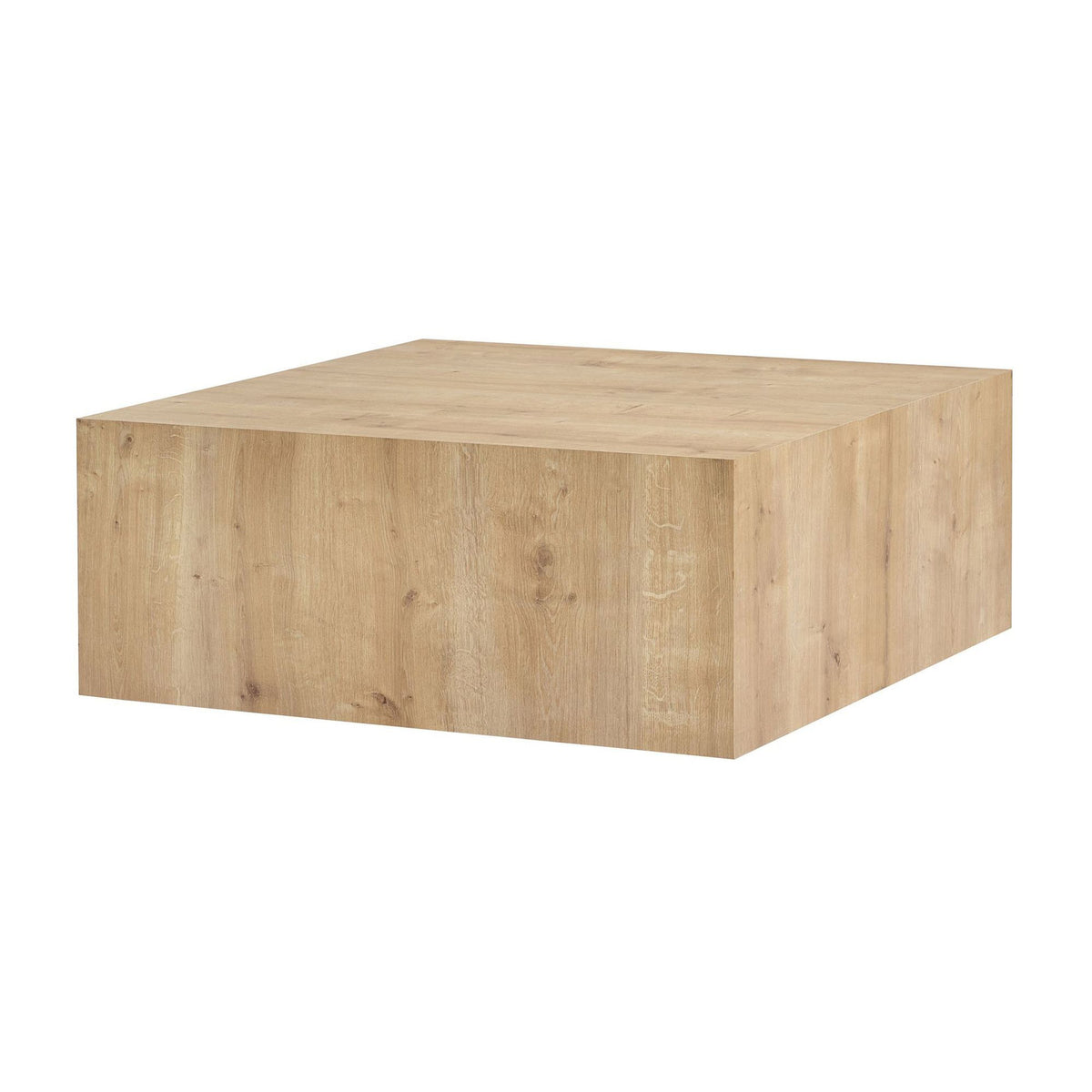 Quadratischer Couchtisch aus MDF in Saphir-Eiche-Optik mit klaren Linien und schlichtem Gestell, Höhe 35 cm, Breite und Tiefe je 90 cm.