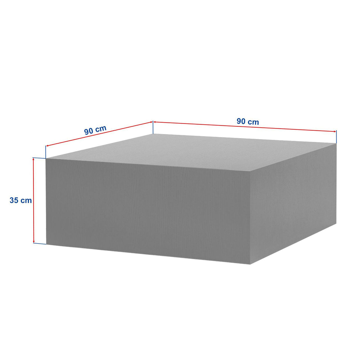 Quadratischer Couchtisch aus MDF in Saphir-Eiche-Optik mit klaren Linien und schlichtem Gestell, Höhe 35 cm, Breite und Tiefe je 90 cm.