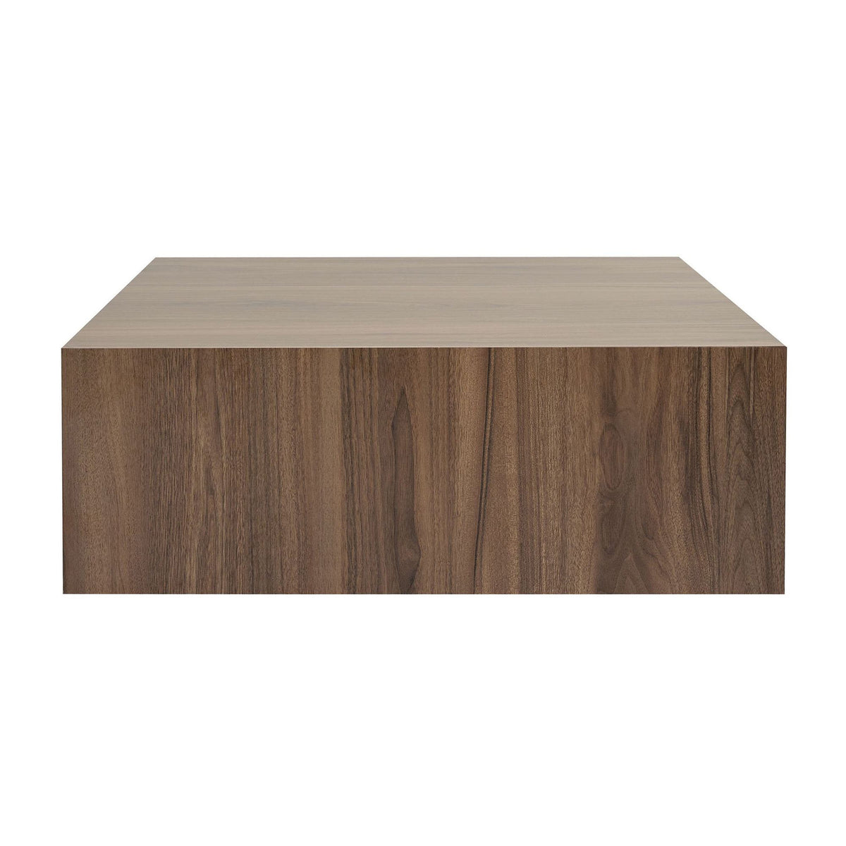 Couchtisch Prizma in Venezia Nussbaum von Nordure, quadratische Tischplatte aus MDF mit unterem Ablagefach, Frontalansicht.