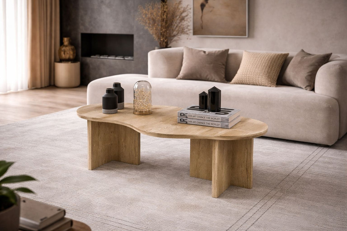 Foto des Messina Couchtischs in Saphir-Eiche von Hanah Home, rechteckige Tischplatte aus melaminbeschichteter Spanplatte, zerlegte Ausführung.