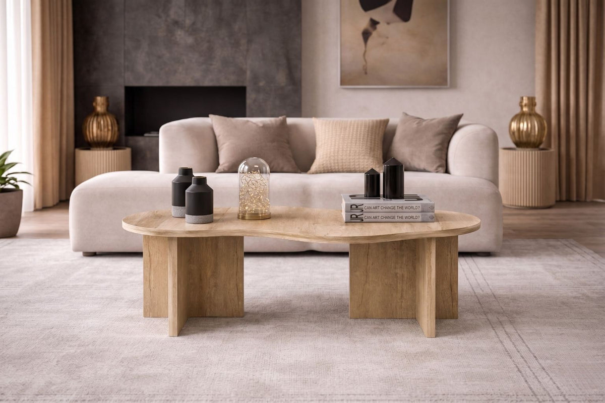 Foto des Messina Couchtischs in Saphir-Eiche von Hanah Home, rechteckige Tischplatte aus melaminbeschichteter Spanplatte, zerlegte Ausführung.