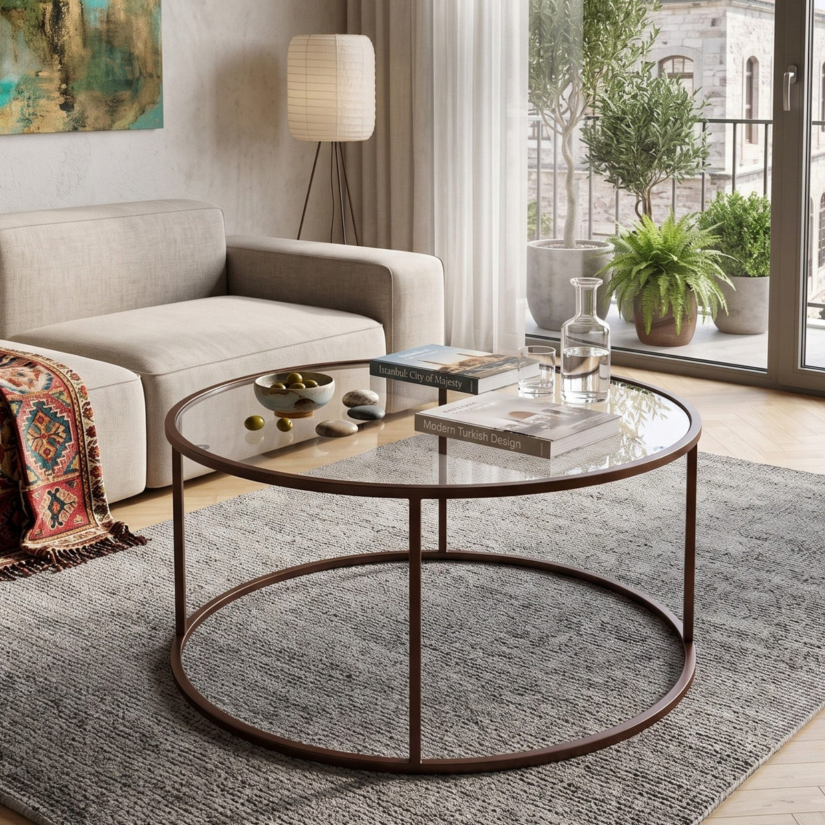 Brauner Couchtisch von Hanah Home mit Tischplatte aus gehärtetem Glas, 4 mm dick, und schlankem Metallgestell, Masse 80x80x43 cm.