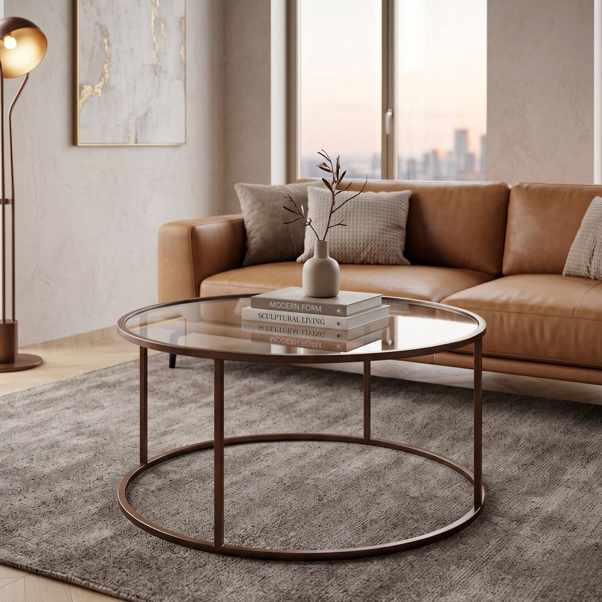 Brauner Couchtisch von Hanah Home mit Tischplatte aus gehärtetem Glas, 4 mm dick, und schlankem Metallgestell, Masse 80x80x43 cm.