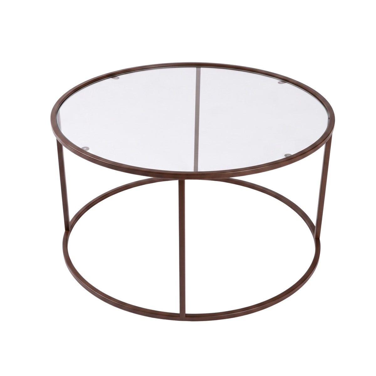 Brauner Couchtisch von Hanah Home mit Tischplatte aus gehärtetem Glas, 4 mm dick, und schlankem Metallgestell, Masse 80x80x43 cm.