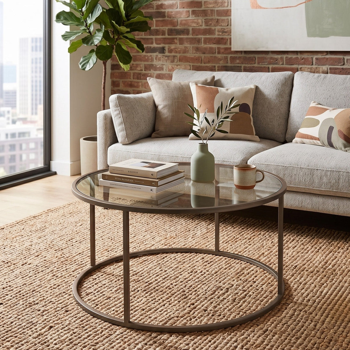 Grauer Couchtisch aus gehärtetem Glas mit Metallgestell, quadratische Form, Grösse 80x80x43 cm, minimalistisches Design.