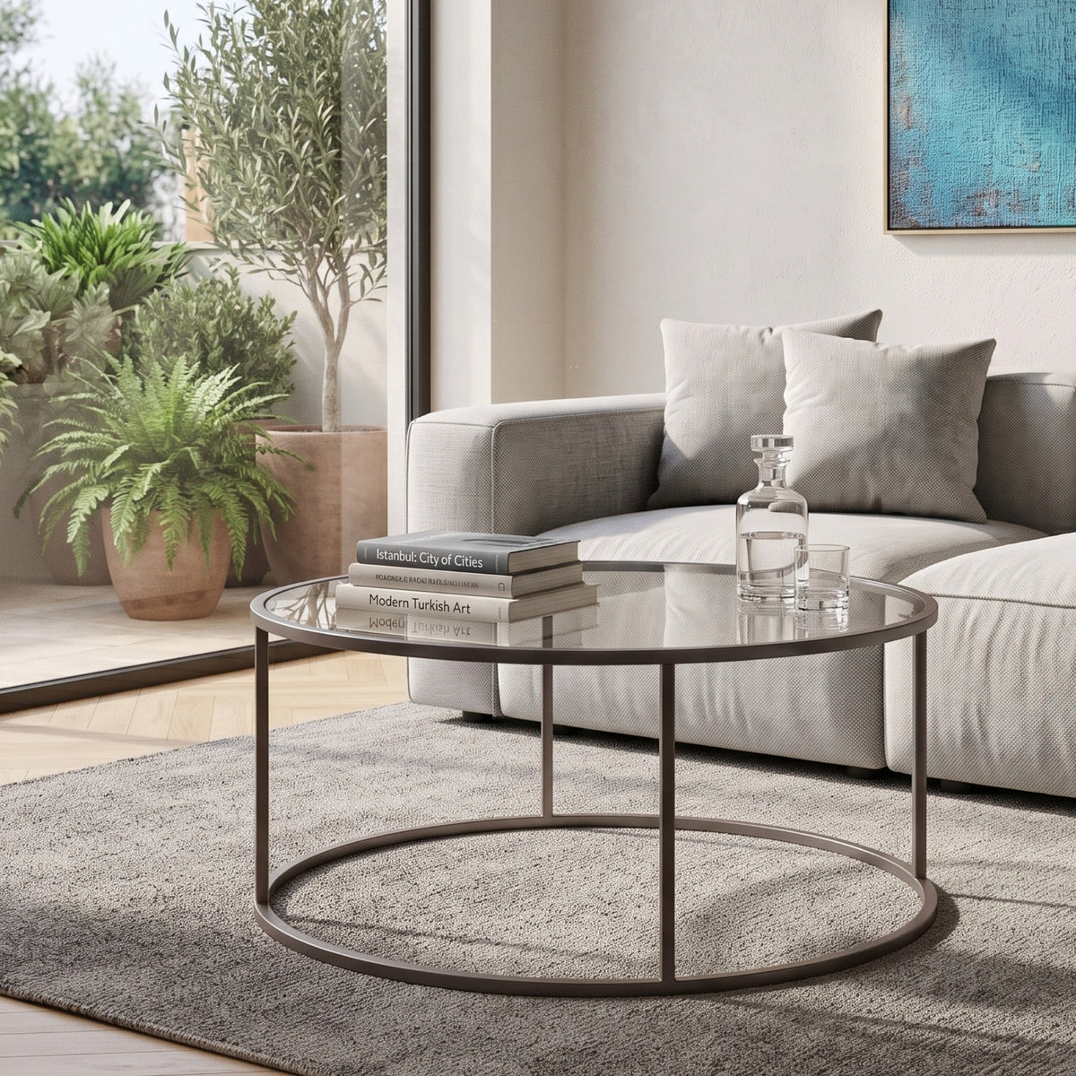 Grauer Couchtisch aus gehärtetem Glas mit Metallgestell, quadratische Form, Grösse 80x80x43 cm, minimalistisches Design.