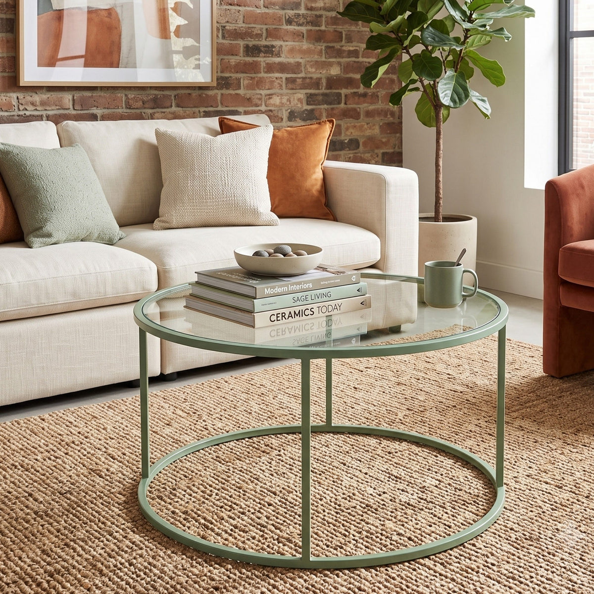 Quadratischer Couchtisch mit mintfarbenem Metallgestell und transparenter Glasplatte aus gehärtetem Glas, Masse 80x80x43 cm.