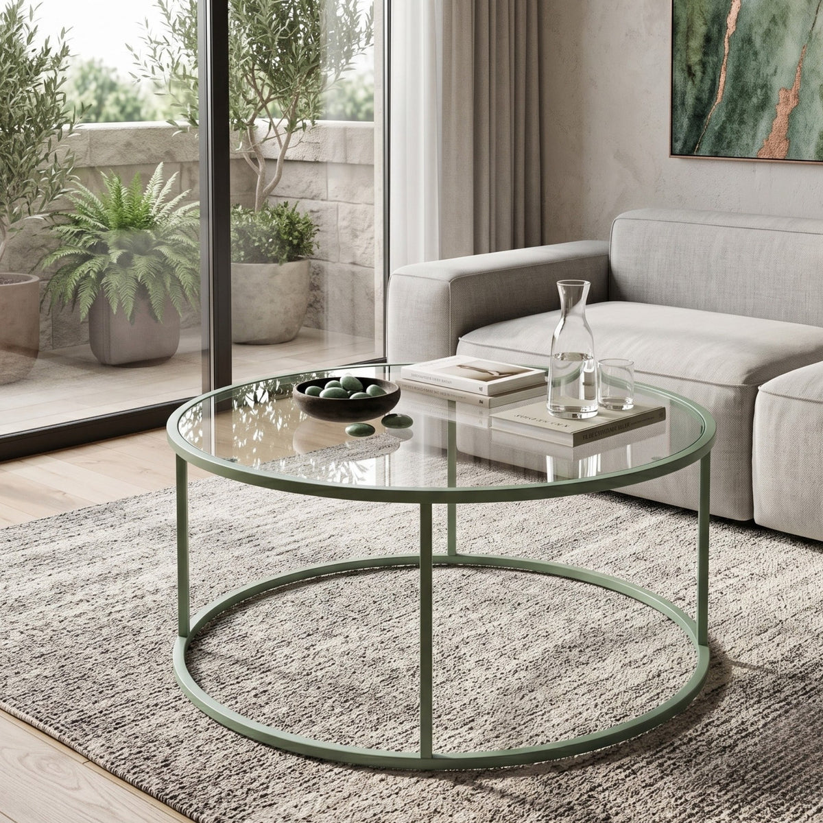 Quadratischer Couchtisch mit mintfarbenem Metallgestell und transparenter Glasplatte aus gehärtetem Glas, Masse 80x80x43 cm.