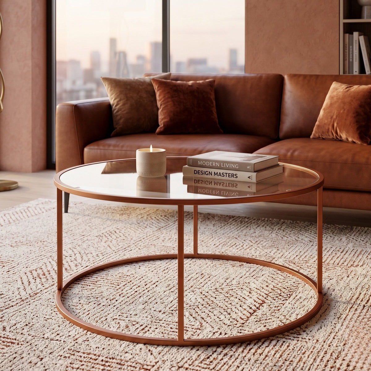 Quadratischer Couchtisch aus orangefarbenem gehärtetem Glas (4 mm) mit schlankem Metallgestell (1,5 mm), Grösse 80x80x43 cm.