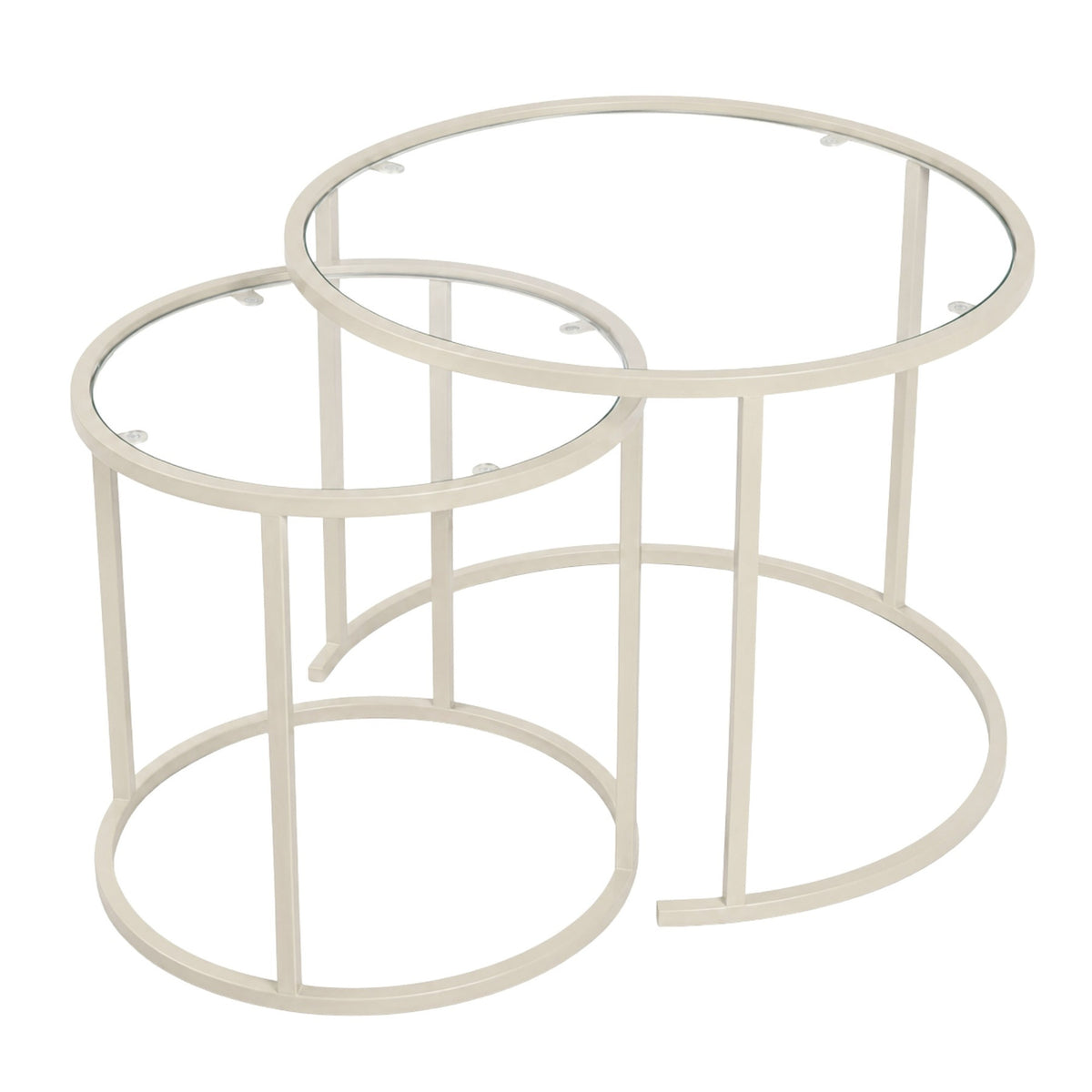 Zwei quadratische Couchtische in Beige mit Glasplatten aus gehärtetem Glas und schlankem Metallgestell, unterschiedliche Grössen.