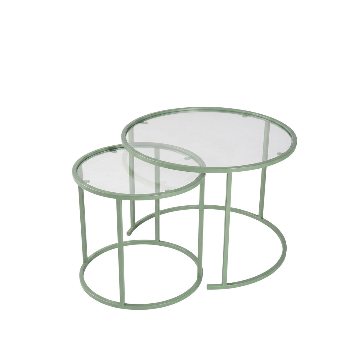 Zwei Couchtische in Mint mit gehärteter Glasplatte und schlankem Metallgestell, unterschiedlich gross, im nordischen Design abgebildet.