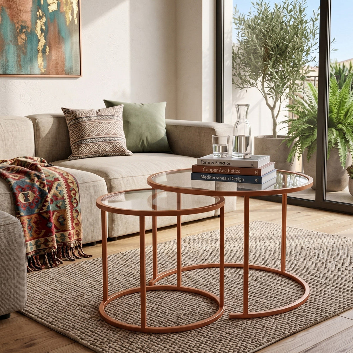 Zwei runde Couchtische in Orange mit gehärteter Glasplatte und Metallgestell, in zwei unterschiedlichen Grössen, moderner Stil.