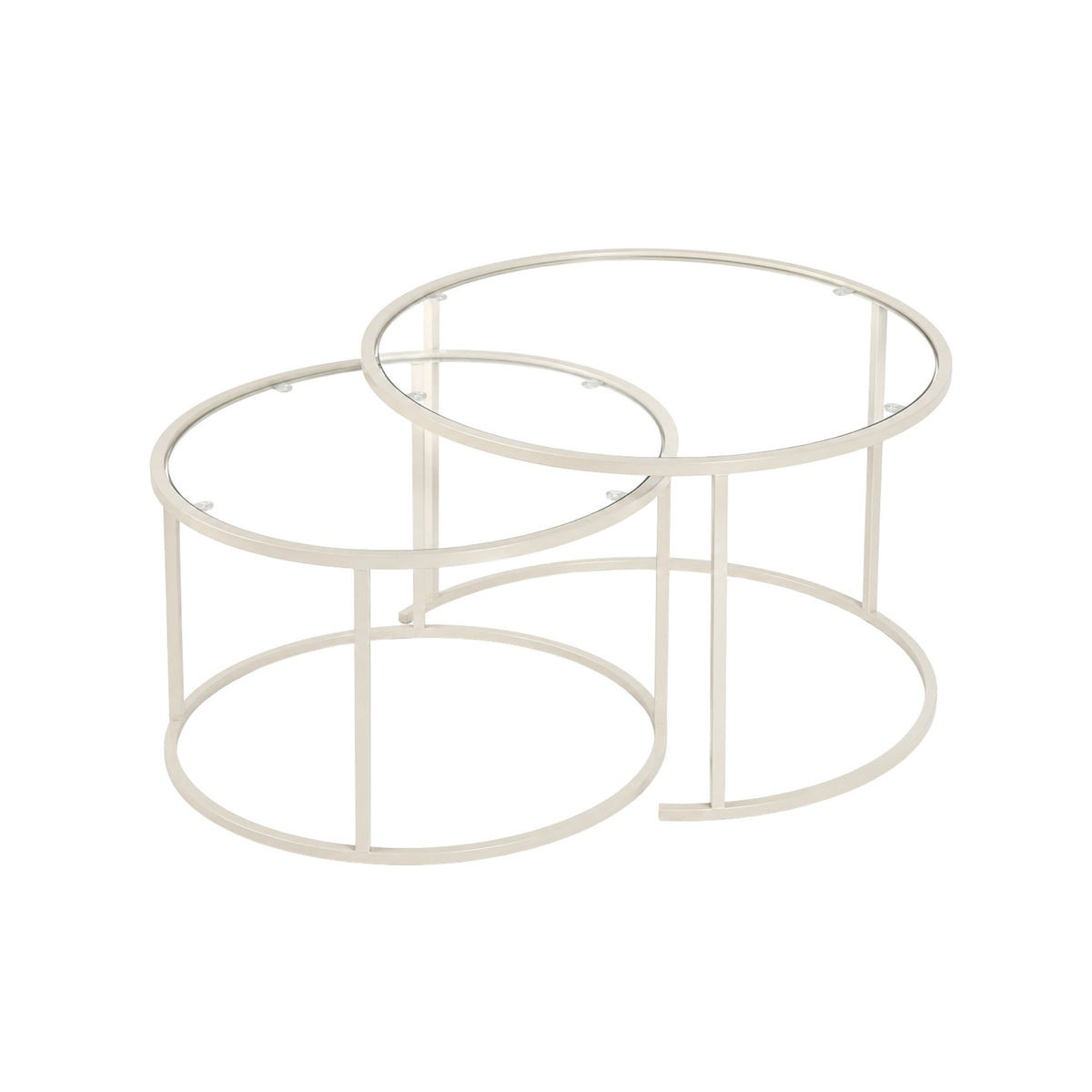 Zwei beige Couchtische aus Hanah Home mit Glasplatten und Metallgestell, unterschiedliche Grössen 60x60 cm und 80x80 cm.