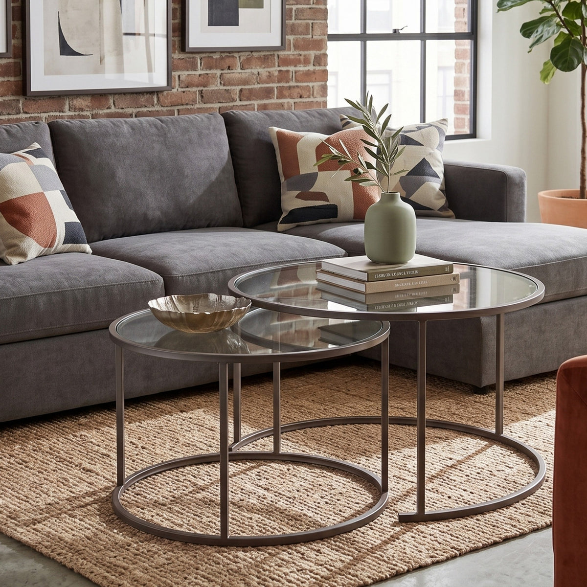 Couchtisch-Set in Grau von Hanah Home, zwei Tische aus gehärtetem Glas mit Metallgestell, unterschiedliche Grössen im Set kombiniert.