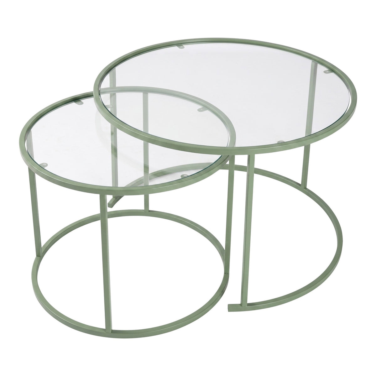Zwei quadratische Couchtische in Mint aus gehärtetem Glas mit schlankem Metallgestell, unterschiedliche Grössen, nebeneinander im Wohnbereich.